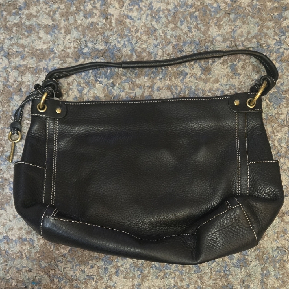 Fossil Black Leather Shoulder Bag with Gold Accents